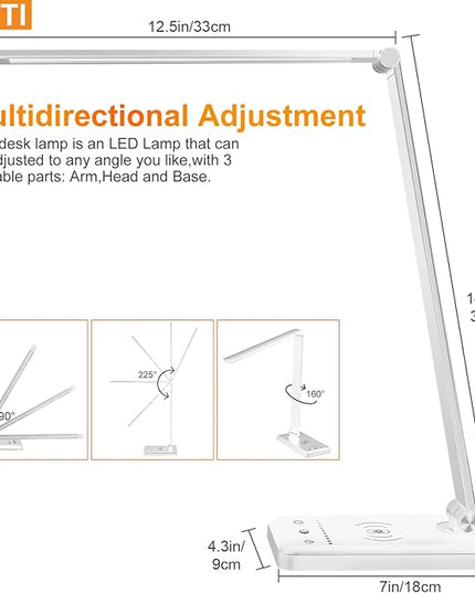 LED Desk Lamp with Wireless charging，Dimmable Desk Light, 5 Light Colors, 6 Brightness Levels, Touch Control Table Lamp with USB Rechargeable,Auto Timer, for College Dorm, Home, Office - LeafyLoom