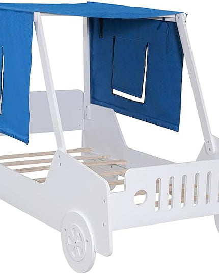 Twin Size Kids Car Bed with Tent Canopy & Wheels,Wood Bedframe W/Safty Grille,Raised Base Design,Easy to Assemble,Toddler Boys Car-Shaped Bedroom Beds for Reading Playing Relaxing,White - LeafyLoom