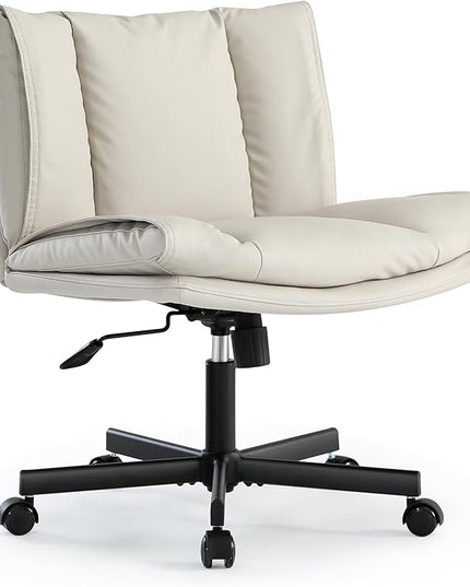 LEAGOO Armless Desk Chair, Office Chair with Wheels, PU-Leather Desk Chair, Modern Swivel Height Adjustable Office Chair with Wide Seat for Home, Office, Make Up, Bed Room - Beige - LeafyLoom