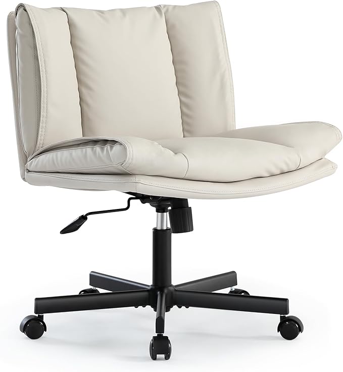 LEAGOO Armless Desk Chair, Office Chair with Wheels, PU-Leather Desk Chair, Modern Swivel Height Adjustable Office Chair with Wide Seat for Home, Office, Make Up, Bed Room - Beige - LeafyLoom