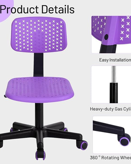 Desk Chair Armless Cute Office Chair, Low Back Rolling Home Office Task Chair Adjustable Swivel Study Chair for Girls Teens Adults Children Kids, Purple - LeafyLoom