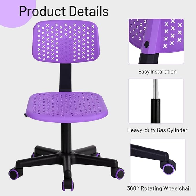 Desk Chair Armless Cute Office Chair, Low Back Rolling Home Office Task Chair Adjustable Swivel Study Chair for Girls Teens Adults Children Kids, Purple - LeafyLoom
