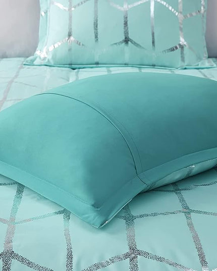 Intelligent Design Raina Full / Queen Comforter Set, Soft Microfiber Comforter Set Queen, Modern Geometric Metallic Bed Set, 5 Pieces College Bedding Comforter Set with 2 Shams, 2 Toss Pillows Aqua - LeafyLoom