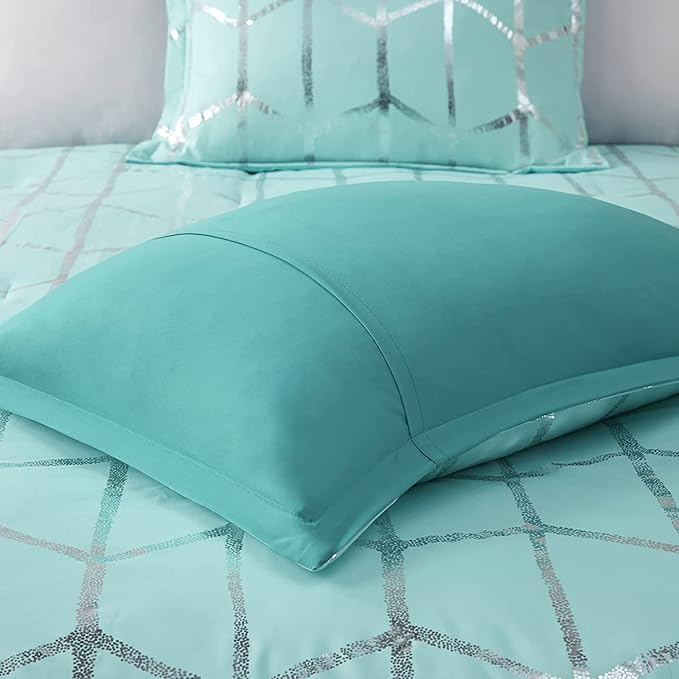 Intelligent Design Raina Full / Queen Comforter Set, Soft Microfiber Comforter Set Queen, Modern Geometric Metallic Bed Set, 5 Pieces College Bedding Comforter Set with 2 Shams, 2 Toss Pillows Aqua - LeafyLoom