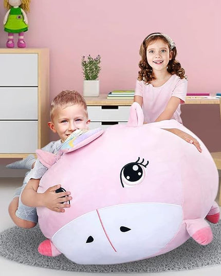 Girls Unicorn Bean Bag Chair Pink, Stuffed Animal Storage Organizer for Kids Room Decor, Extra Large Size, Velvet Super Soft Cover Only - LeafyLoom