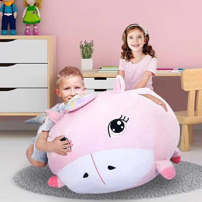 Girls Unicorn Bean Bag Chair Pink, Stuffed Animal Storage Organizer for Kids Room Decor, Extra Large Size, Velvet Super Soft Cover Only - LeafyLoom