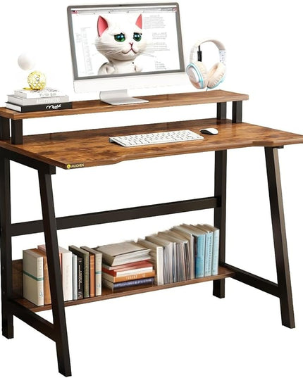 Small Computer Desk for Small Spaces - 33.5" Inch Modern Writing Table with Monitor Storage Shelf for Home Office and Study, Compact Laptop Desk in Simple and Sleek Style - LeafyLoom