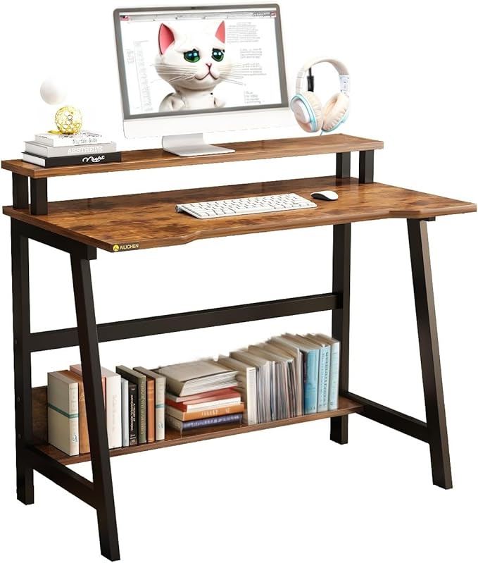 Small Computer Desk for Small Spaces - 33.5" Inch Modern Writing Table with Monitor Storage Shelf for Home Office and Study, Compact Laptop Desk in Simple and Sleek Style - LeafyLoom