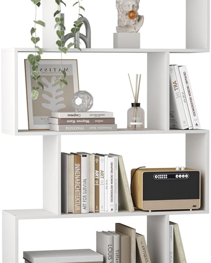 Yusong S Shaped Bookshelf, Modern Geometric Bookcase, 6-Tier White Display Case Book Shelf - LeafyLoom