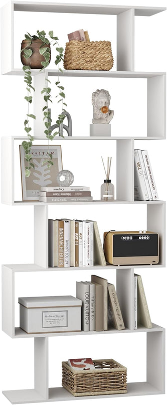 Yusong S Shaped Bookshelf, Modern Geometric Bookcase, 6-Tier White Display Case Book Shelf - LeafyLoom