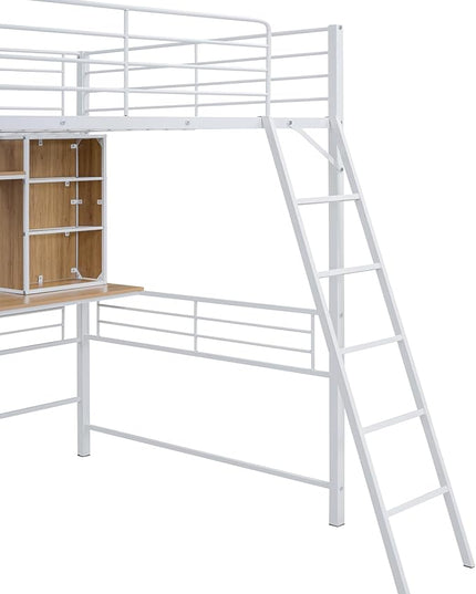 RITSU Full Size Loft Bed with Desk and Storage Shelves, Metal BedFrame,w/Ladder & Fenced Around Guardrails, Easy Assembly, for Adults, Kids, Teens, White - LeafyLoom