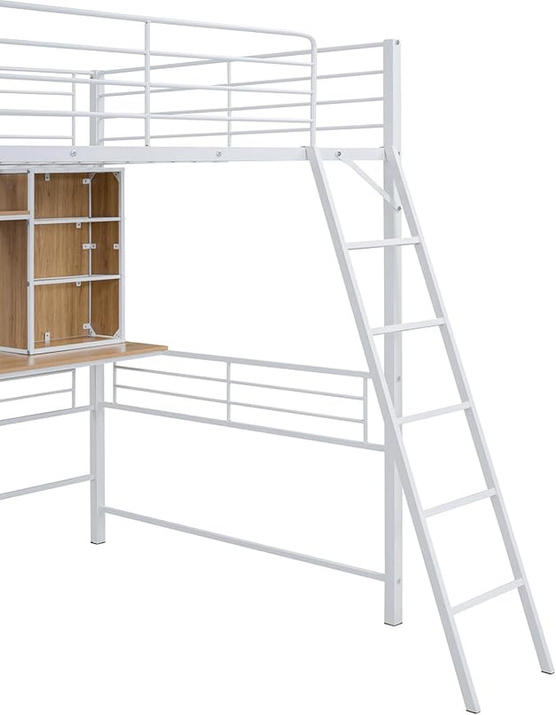 RITSU Full Size Loft Bed with Desk and Storage Shelves, Metal BedFrame,w/Ladder & Fenced Around Guardrails, Easy Assembly, for Adults, Kids, Teens, White - LeafyLoom