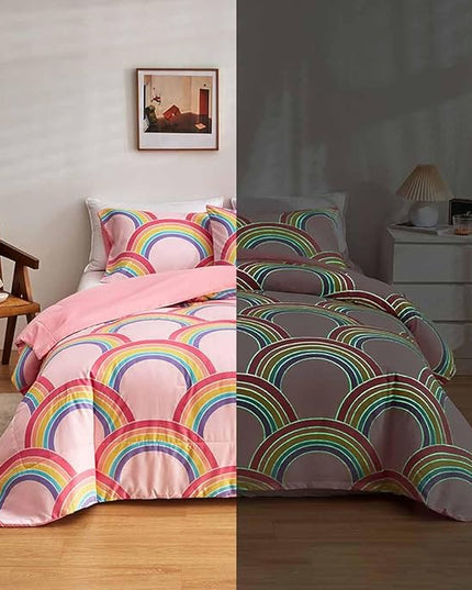 Feelyou Rainbow Glow in The Dark Comforter Set for Girls Kids Twin Pink Rainbow Bedding Set Super Soft Colorful Stripe Mermaid Scales Comforter Baby Girl Bedroom Pink Decor Bedding Quilted Duvet - LeafyLoom