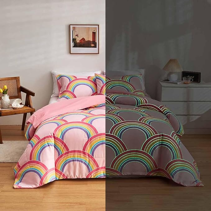 Feelyou Rainbow Glow in The Dark Comforter Set for Girls Kids Twin Pink Rainbow Bedding Set Super Soft Colorful Stripe Mermaid Scales Comforter Baby Girl Bedroom Pink Decor Bedding Quilted Duvet - LeafyLoom