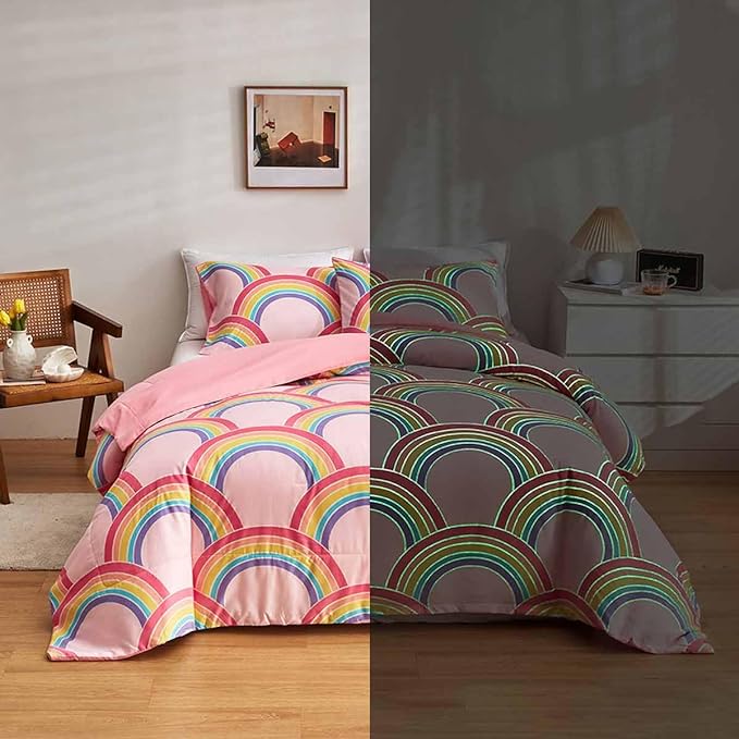 Feelyou Rainbow Glow in The Dark Comforter Set for Girls Kids Queen Pink Rainbow Bedding Set Super Soft Colorful Stripe Mermaid Scales Comforter Baby Girl Bedroom Pink Decor Bedding Quilted Duvet - LeafyLoom