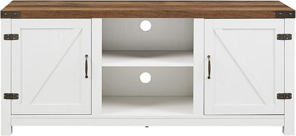 Walker Edison Larae Modern Farmhouse Two-Tone Barn Door Stand for TVs up to 65 Inches, Without Fireplace, Rustic Oak/White - LeafyLoom