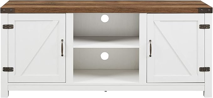 Walker Edison Larae Modern Farmhouse Two-Tone Barn Door Stand for TVs up to 65 Inches, Without Fireplace, Rustic Oak/White - LeafyLoom