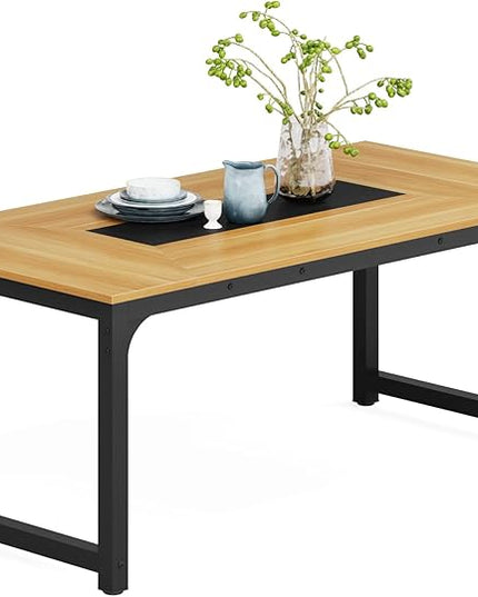 70.9 Inch Large Dining Table Rectangular Kitchen Furniture for 6 to 8 People, Walnut+Black - LeafyLoom
