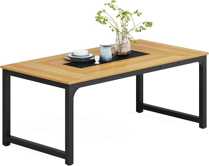 70.9 Inch Large Dining Table Rectangular Kitchen Furniture for 6 to 8 People, Walnut+Black - LeafyLoom