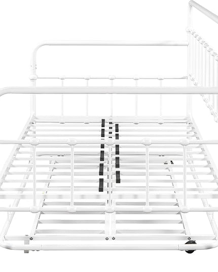 Twin Size Bed W/slats,Metal Frame Daybed with Trundle and Anti-Noise Design,Space-Saving & Easy to Install,for Living Room Bedroom Apartment,White - LeafyLoom