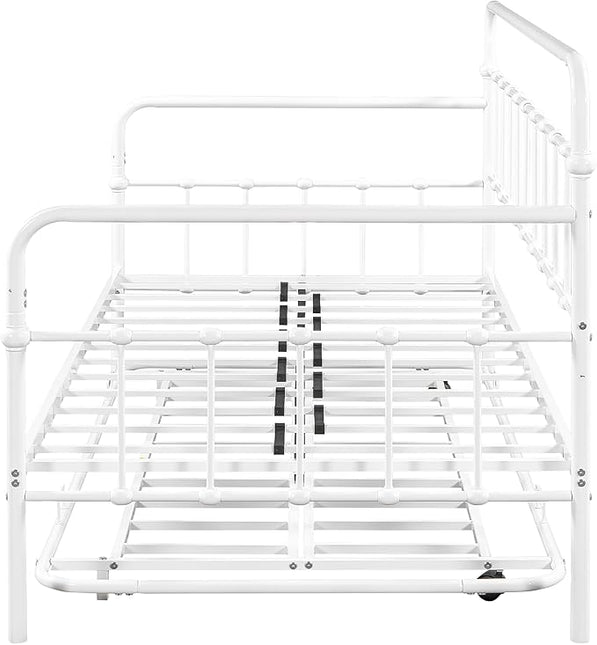 SuperStroke Jintop Twin Size Bed W slats,Metal Frame Daybed with Trundle and Anti-Noise Design,Space-Saving & Easy to Install,for Living Room Bedroom Apartment,White - LeafyLoom