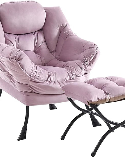 Lazy Chair and Ottoman, Large Accent Lounge Chair with Armrests and a Side Pocket, Modern Leisure Upholstered Sofa Reading Armchair with Footrest for Bedroom, Living Room, Dorm Rooms, Office - LeafyLoom