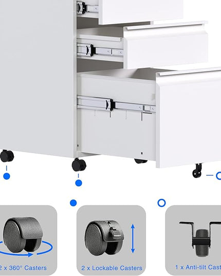 Mobile File Cabinet Under Desk, 3 Drawers Metal File Cabinet with Wheels, Rolling Filing Cabinets with Lock for Home Office Letter/Legal/A4 - LeafyLoom