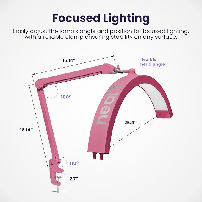 Neatfi Half Moon LED Table Lamp for Estheticians, Nail Tech, and Cosmetician for Nail Art, Facial, Waxing, Threading and Tattoo (with Clamp, Pink) - LeafyLoom