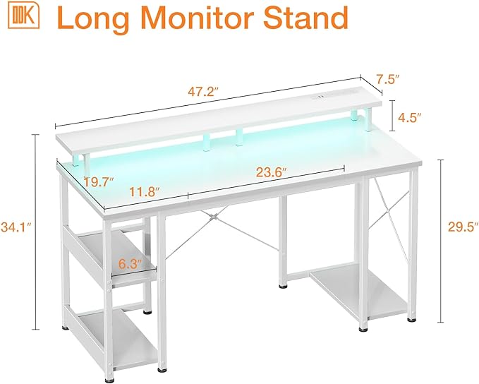 ODK 48 inch Gaming Desk with LED Lights & Power Outlets, Computer Desk with Monitor Stand & Storage Sheves, CPU Stand, Home Office Desk, White - LeafyLoom