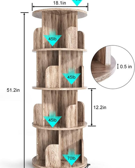 Nidouillet Rotating Bookshelf, 4 Tier Revolving Bookcase with Brake Wheels 360° Display Round Bookshelf Narrow Swivel Corner Book Shelf Standing Bookcase for Adult Bedroom, Living Room (Oak Grey) - LeafyLoom