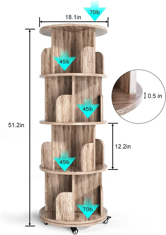 Nidouillet Rotating Bookshelf, 4 Tier Revolving Bookcase with Brake Wheels 360° Display Round Bookshelf Narrow Swivel Corner Book Shelf Standing Bookcase for Adult Bedroom, Living Room (Oak Grey) - LeafyLoom