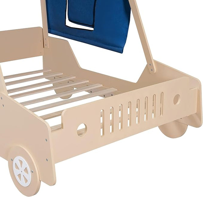 Full Size Kids Car Bed with Tent Canopy & Wheels,Wood Bedframe W/Safty Grille,Raised Base Design,Easy to Assemble,Toddler Boys Car-Shaped Bedroom Beds for Reading Playing Relaxing,Natural - LeafyLoom