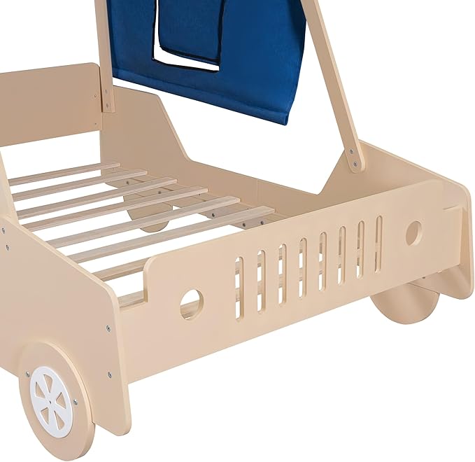 Full Size Kids Car Bed with Tent Canopy & Wheels,Wood Bedframe W/Safty Grille,Raised Base Design,Easy to Assemble,Toddler Boys Car-Shaped Bedroom Beds for Reading Playing Relaxing,Natural - LeafyLoom
