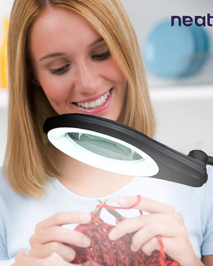 Neatfi (New Model) Bifocals 1,200 Lumens Super LED Magnifying Lamp with Clamp, 5D + 20D, Dimmable, 60 Pcs SMD LED, 5 Inches Diameter Lens, Adjustable Arm (5 Diopter + 20 Diopter, Black) - LeafyLoom