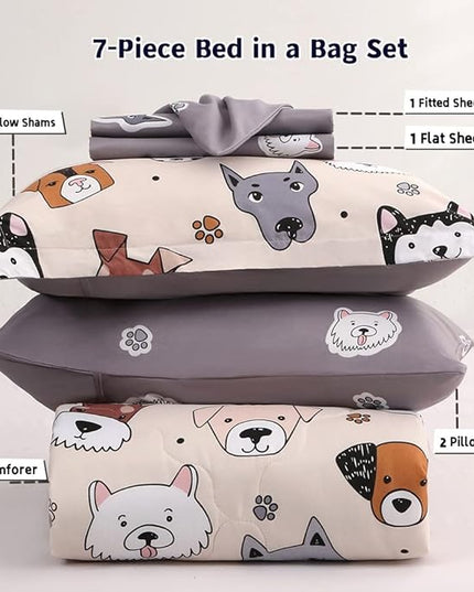 7 Piece Kids Dog Comforter Set Queen Size - Bed in A Bag Bedding Set for Teen Boys Girls - Cute Animal Quilt Super Soft All Season - Creamy White - LeafyLoom