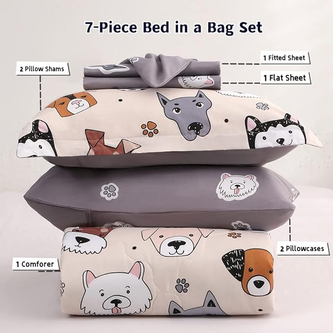 7 Piece Kids Dog Comforter Set Queen Size - Bed in A Bag Bedding Set for Teen Boys Girls - Cute Animal Quilt Super Soft All Season - Creamy White - LeafyLoom