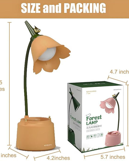 Cute LED Desk Lamp Kawaii Desk Accessories, Flower Bird Table lamp USB Rechargeable, 3 Color Modes, Stepless Dimming, Touch-Sensitive Switch Kawaii Room Decor Lamp, Eye Caring Reading Lamp (Yellow) - LeafyLoom