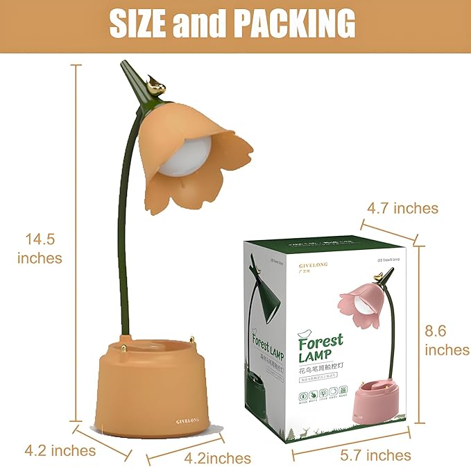 Cute LED Desk Lamp Kawaii Desk Accessories, Flower Bird Table lamp USB Rechargeable, 3 Color Modes, Stepless Dimming, Touch-Sensitive Switch Kawaii Room Decor Lamp, Eye Caring Reading Lamp (Yellow) - LeafyLoom