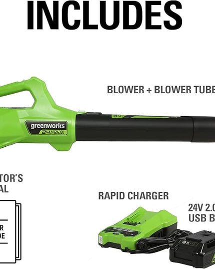 Greenworks 24V (90 MPH / 320 CFM / 125+ Compatible Tools) Cordless Axial Leaf Blower, 2.0Ah Battery and Charger Included - LeafyLoom