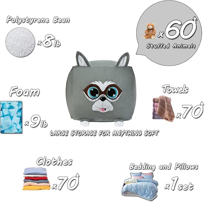 Cute Raccoon Toy Organizers and Storage for Kids Room Decor, Childrens Bean Bag Chairs, Extra Large Size, Velvet Super Soft Cover Only - LeafyLoom