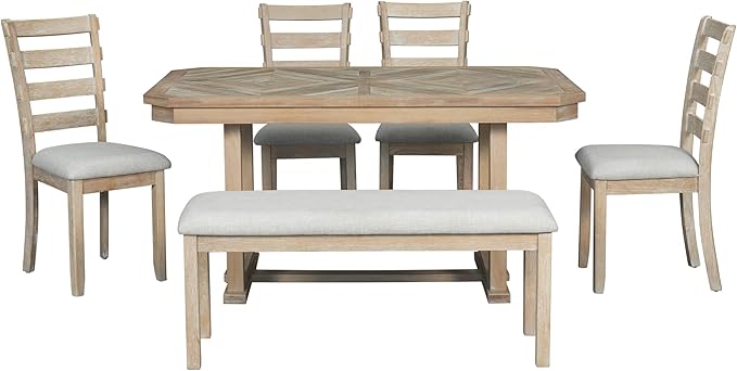 6 Piece Rubber Table Set with Beautiful Grain Pattern Tabletop Solid Veneer and Soft Cushion, for Kitchen, Living, Dining Room, Home Bar, Nature Wood - LeafyLoom