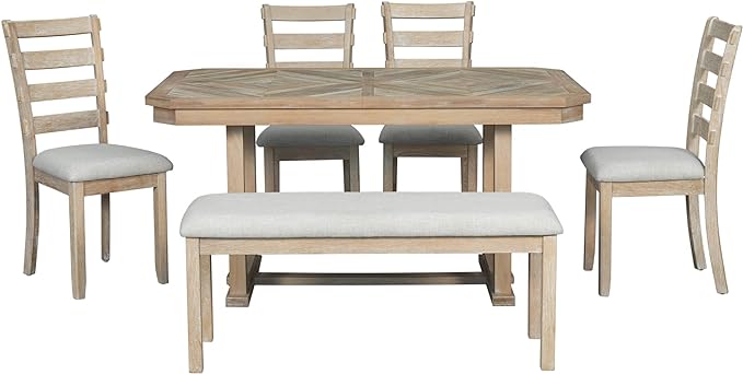 6-Piece Wooden Dining Table Set Pattern Tabletop and 4 Upholstered Chairs & Bench, 60" L x 36" W x 30.3" H, Natural(Beautiful Wood Grain) - LeafyLoom