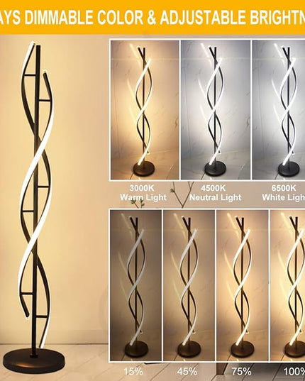 Modern Spiral Floor Lamps for Living Room, 40W LED Floor Lamp with Remote Control, 60 Inch 3 Color Temperatures & Dimmable Brightness Corner Standing Lamp Black Floor Lamp for Bedroom, Office - LeafyLoom
