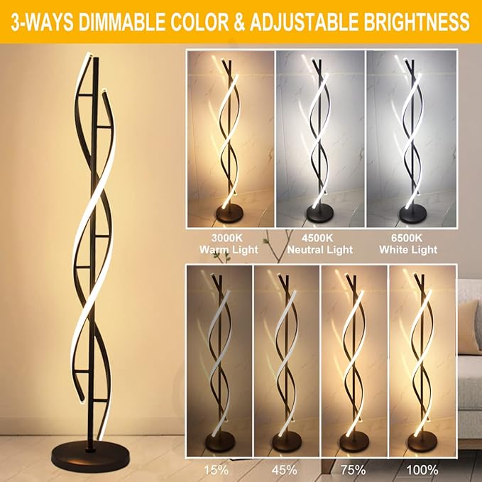 Modern Spiral Floor Lamps for Living Room, 40W LED Floor Lamp with Remote Control, 60 Inch 3 Color Temperatures & Dimmable Brightness Corner Standing Lamp Black Floor Lamp for Bedroom, Office - LeafyLoom