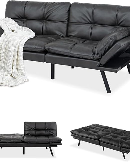 MUUEGM Faux Leather Futon Sofa Bed, Convertible Memory Foam Couch Bed, Modern Love Seat for Living Room,Compact Space,Apartment,Office,Adjustable Backrests Armrests Couch Sleeper,71" Matte Black - LeafyLoom