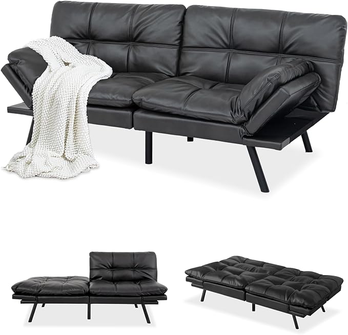MUUEGM Faux Leather Futon Sofa Bed, Convertible Memory Foam Couch Bed, Modern Love Seat for Living Room,Compact Space,Apartment,Office,Adjustable Backrests Armrests Couch Sleeper,71" Matte Black - LeafyLoom