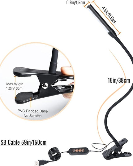 Clip on Reading Light, Clip Light, Warm & Daylight & White Light 3 Colors, Eye-Care Clamp Lamp with 10 Dimmable Illumination Modes - LeafyLoom