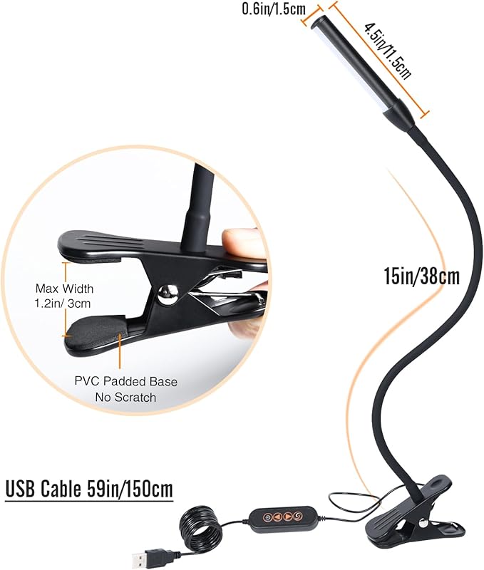 Clip on Reading Light, Clip Light, Warm & Daylight & White Light 3 Colors, Eye-Care Clamp Lamp with 10 Dimmable Illumination Modes - LeafyLoom