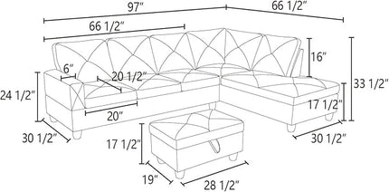 L-Shaped Sectional Couches with 66.5'' Chaise Lounge & Storage Ottoman Modular Room Sofas for Home Office Apartment, Large Living Furniture, 97'' Right Hand Facing, Espresso Flannel - LeafyLoom