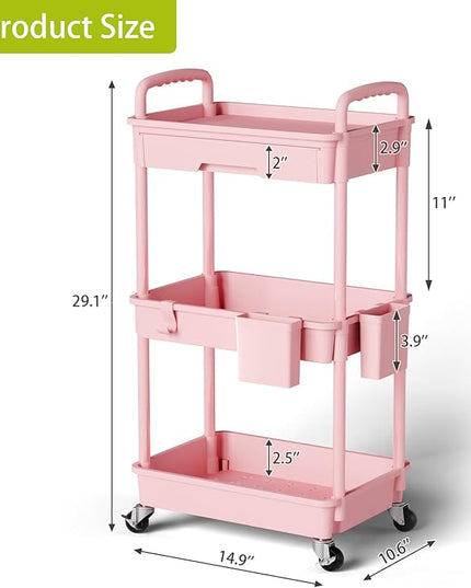 3 Tier Small Rolling Cart Organizer,Laundry Room Bathroom Organizers and Storage Office Shelves Mobile Shelving Unit Kitchen Trolley Cart with Wheels for Art,Craft,Diaper,Bedside,Snack(Pink) - LeafyLoom